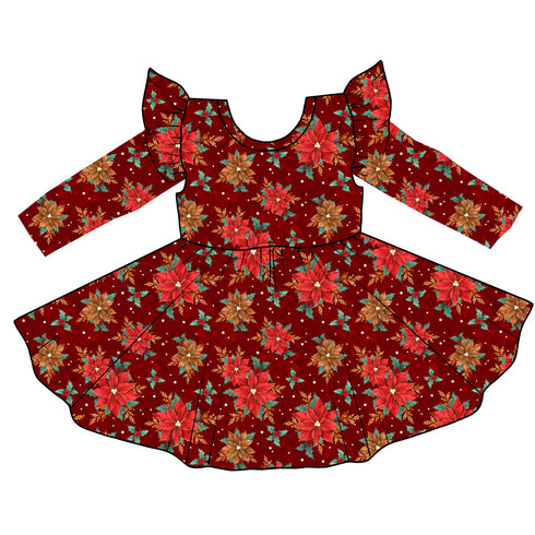 Pre order Poinsettia Long Sleeve Twirl Dress with pockets